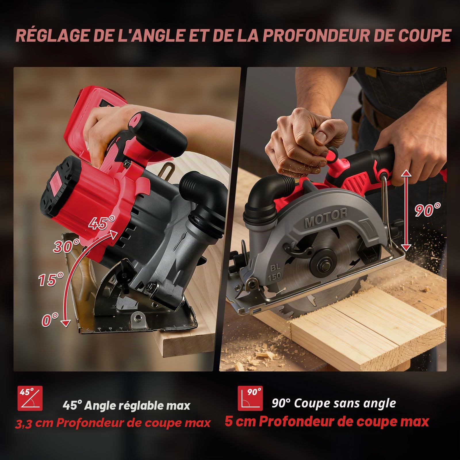 Scie circulaire sans fil de 15,2 cm compatible avec Milwaukee M18, scies circulaires sans balais de 6200 tr/min avec 2 lames de 150 mm, profondeur de coupe 50 mm, biseau de 0 à 45° pour coupe du bois