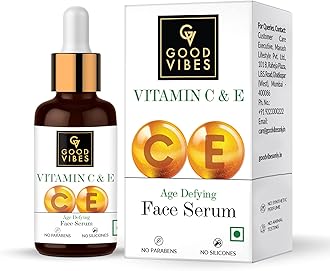 Good Vibes Vitamin C & Vitamin E Age Defying Serum, 30 ml Light Weight Non Greasy Helps Reduces Wrinkles Skin Repair, Naturally Glowing Face Serum, No Parabens & Sulphates, No Animal Testing