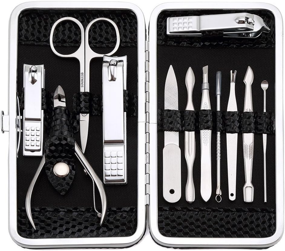 Manicure Set Nail Clippers Kit Pedicure Tools for Men Women - Stainless Steel Grooming Tools with Beautiful Case for Travel & Home (Black) (Black-12 Pcs)