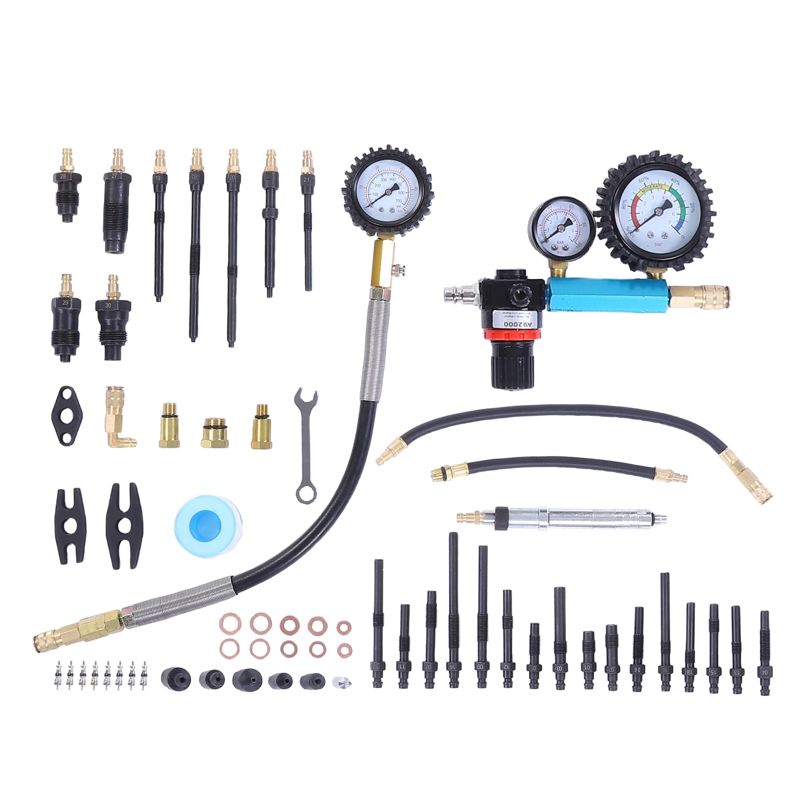 Kit di Test di Compressione e Tenuta da 48 Pezzi Kit Test Compressione del Motore a Doppio Calibro Tester Tenuta del Cilindro per Motori Duse Pompa HDI TDCi 0-725PSI