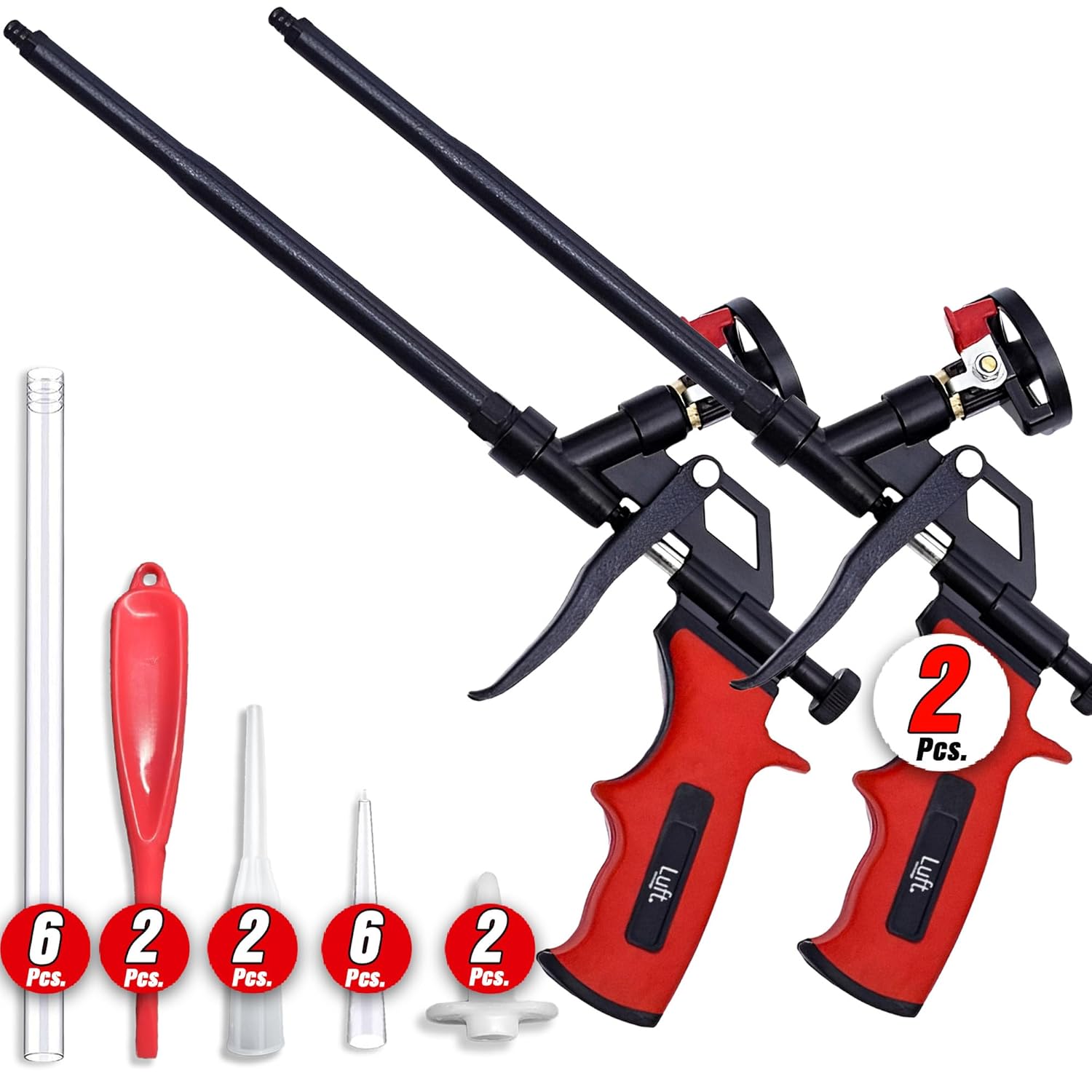 Luft Professional Expanding Foam Spray Gun 2 Insulation Guns 9 Extenders PU Insulating Applicator Heavy Duty Metal Body