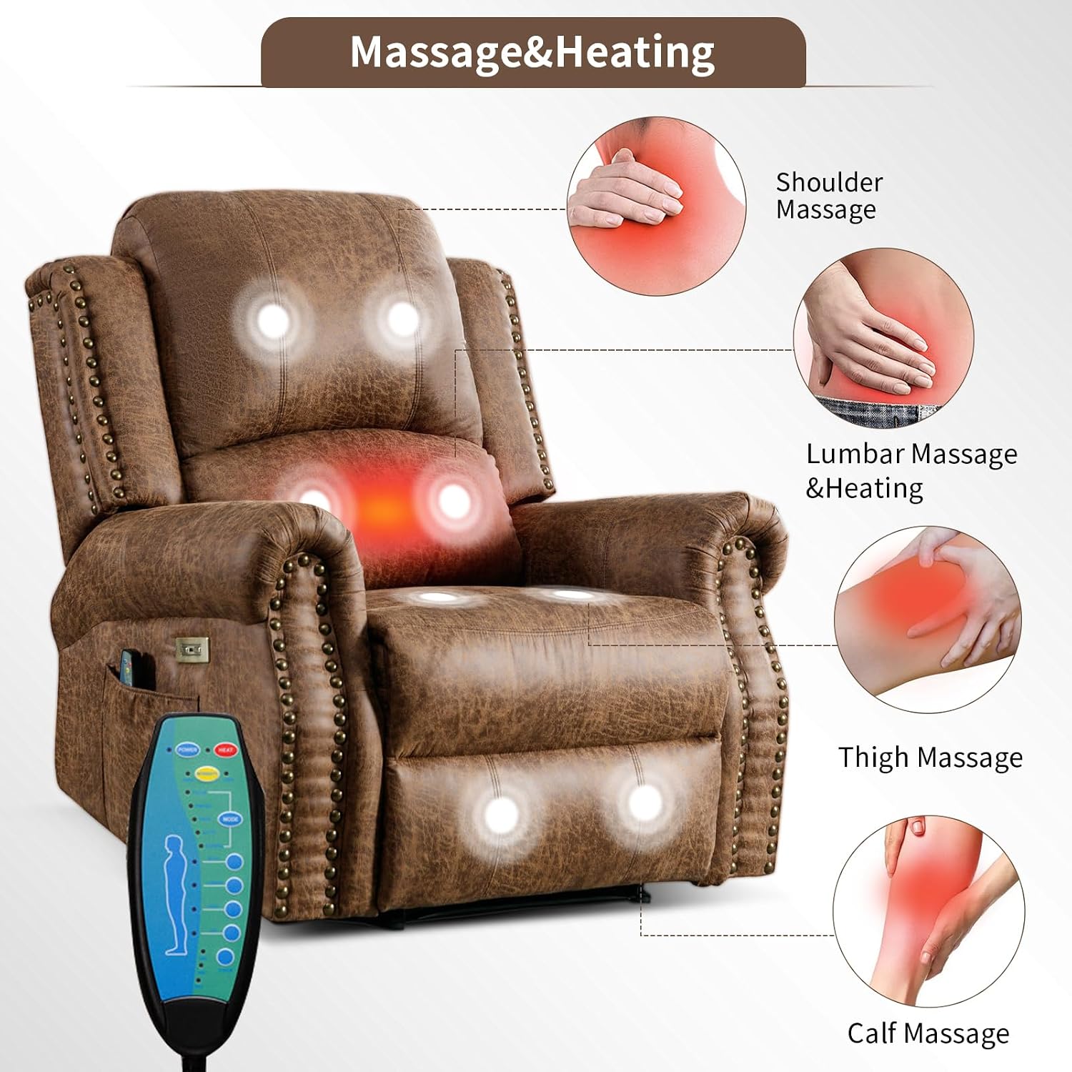 HAOMARKETS Classic Power Recliner Chair with Massage and Heat, Breathable Faux Leather Electric Recliner with USB&Type-C Port, Overstuffed Reclining Sofa with Rivets for Living Room, Brown
