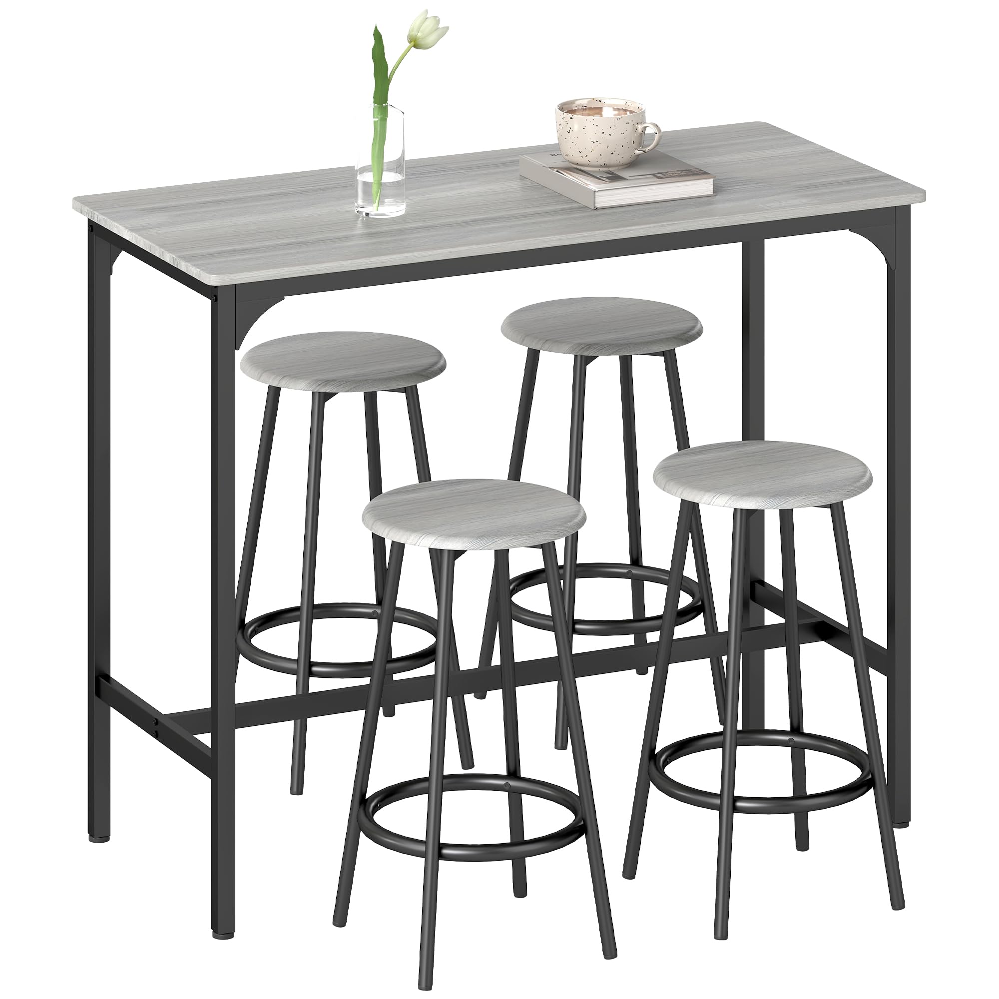 HOMCOM 5 Piece Bar Table Set, Industrial Dining Table Set for 4 with Stools, Metal Frame, Footrest for Kitchen, Living Room, Small Space, Grey