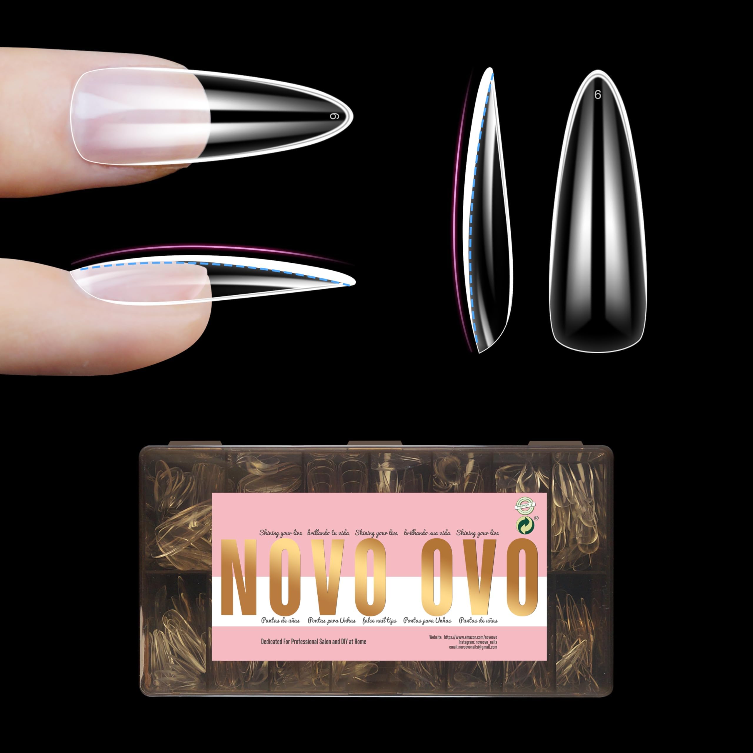 Amazon | NOVO OVO Long Almond Nail Tips NATURAL (Not SCULPTED) for