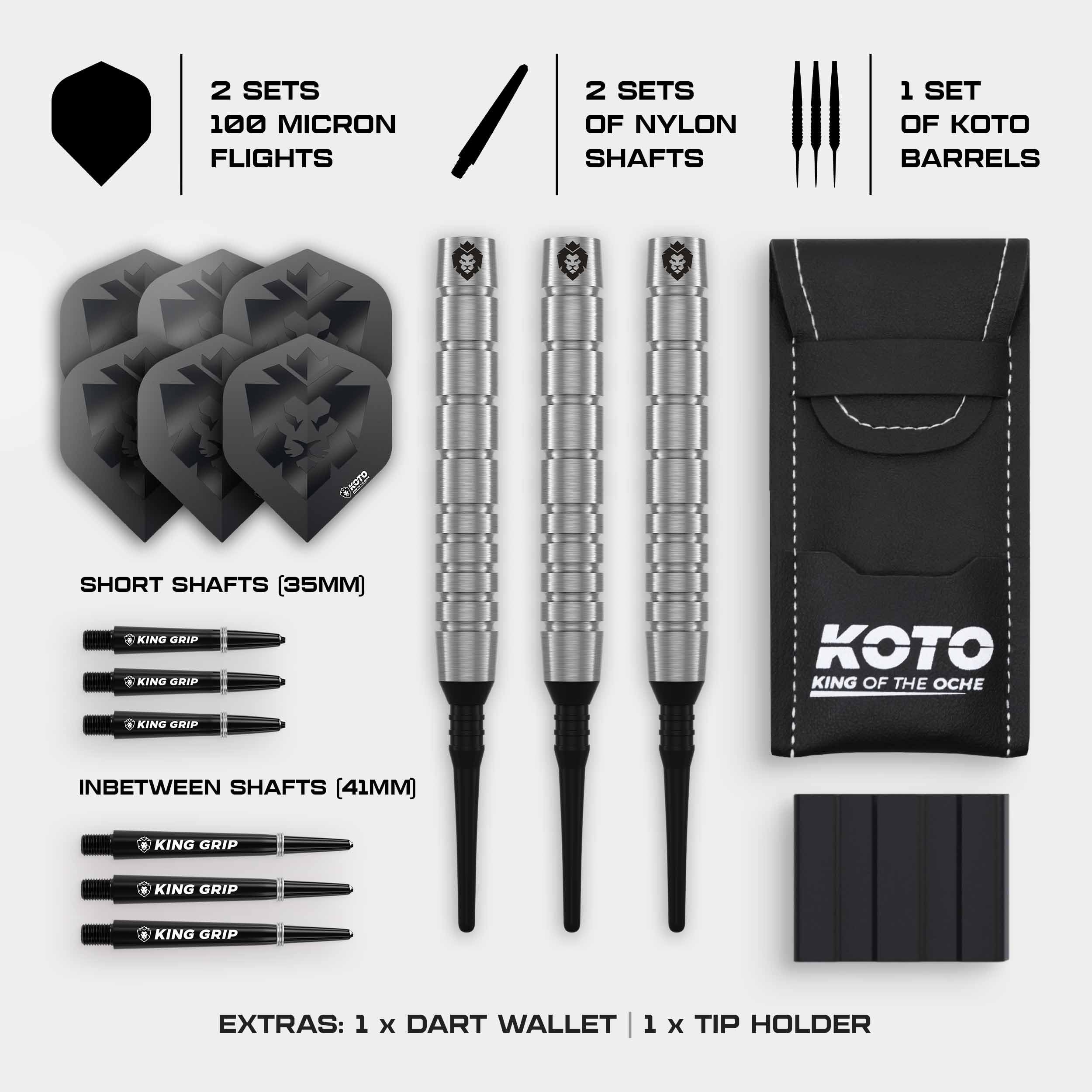 KOTO - Kingfly V1 90% Softdarts,18 G, Silber, Soft Tip Dartpfeile Inkl. 3 Barrels, 2 Sets Flights + Schäfte & Dartwallet, Firm Ringgrip