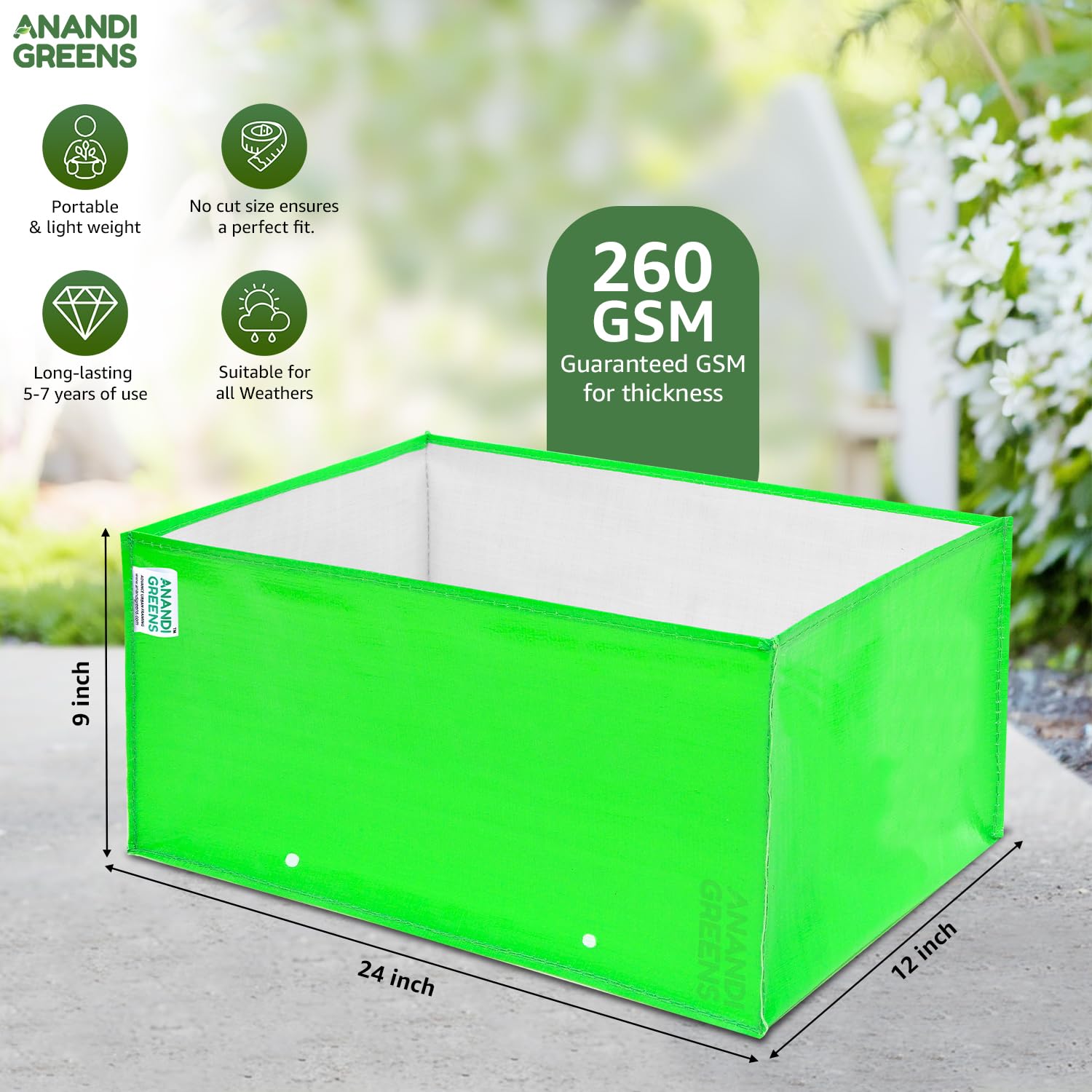 Anandi Green's Premium HDPE UV Protected 260 GSM Square Shaped Green Colour Plants Grow Bags Suitable for Terrace and Vegetable Gardening (Pack of 5, 24X12X9 INCH) 4