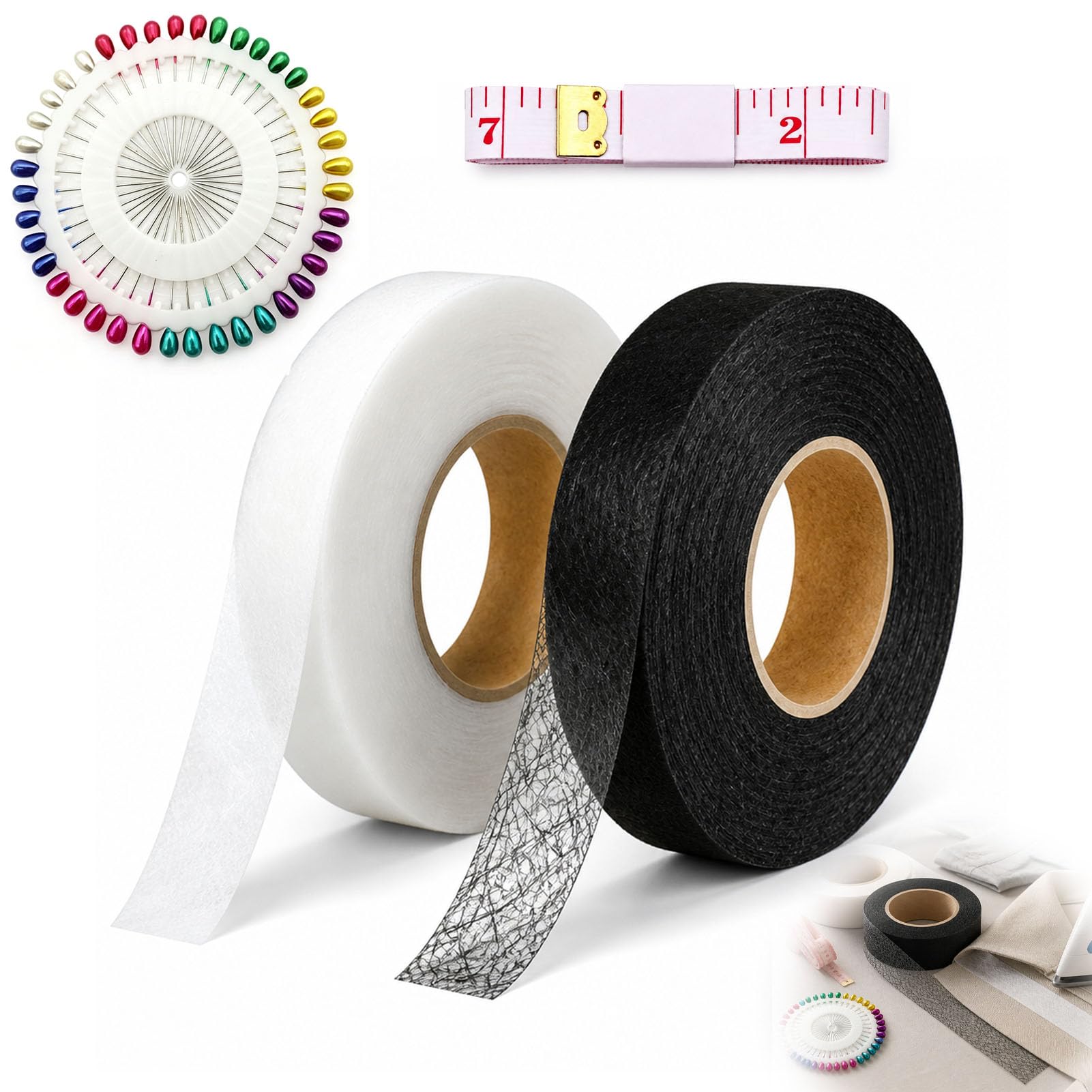 Aragon Flow 2 Pack Hemming Web Iron On Hemming Tape Fabric Repair Tape for Curtains Clothes Trousers Invisible Bonding Patch Kit with Tape Measure DIY Clothing Repair Kit 60 Meters