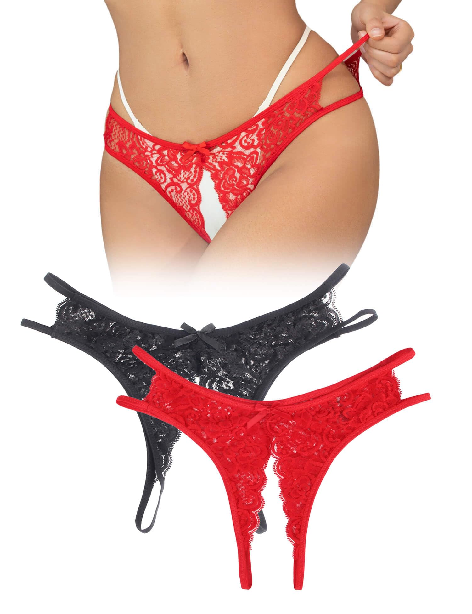 ohyeahlady Ouvert Slip Sexy Unterwäsche Damen mit Loch Große Größen Höschen Unterhosen Damen im Schritt Offen Spitze String Tanga Sexy Dessous Curvy Offen Frauen Hipster Reizwäsche Schwarz+Rot,XXL