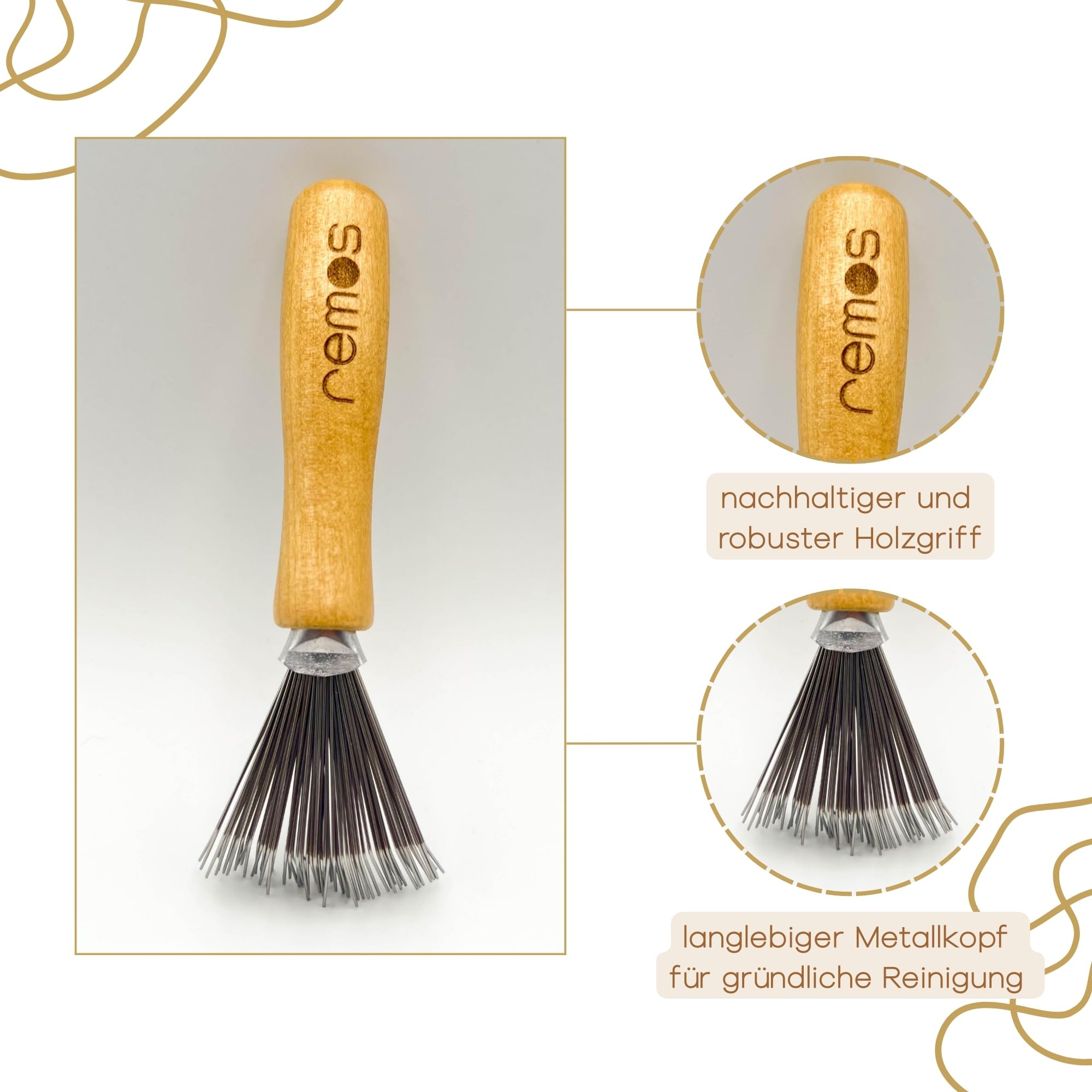REMOS - Detergente per spazzole in legno, efficace strumento di pulizia per spazzole per capelli, zincatura in metallo durevole, manico ergonomico in legno, facile da pulire e da usare