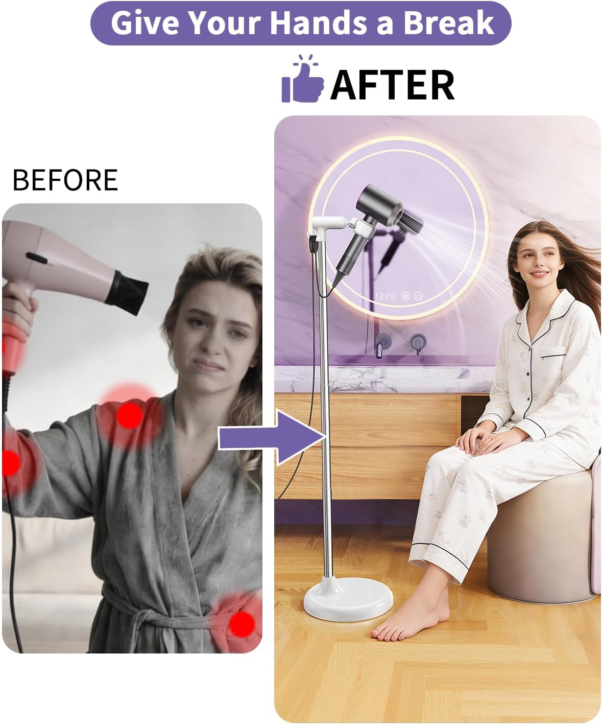 Floor Standing Hair Dryer Stand Holder, 360° Degree Rotating, 17 in - 51 in Height Adjustable Blow Dryer Stand Hands Free Works for Frozen Shoulder, Arthritis, & Wrist Pain Relief-Stand Type