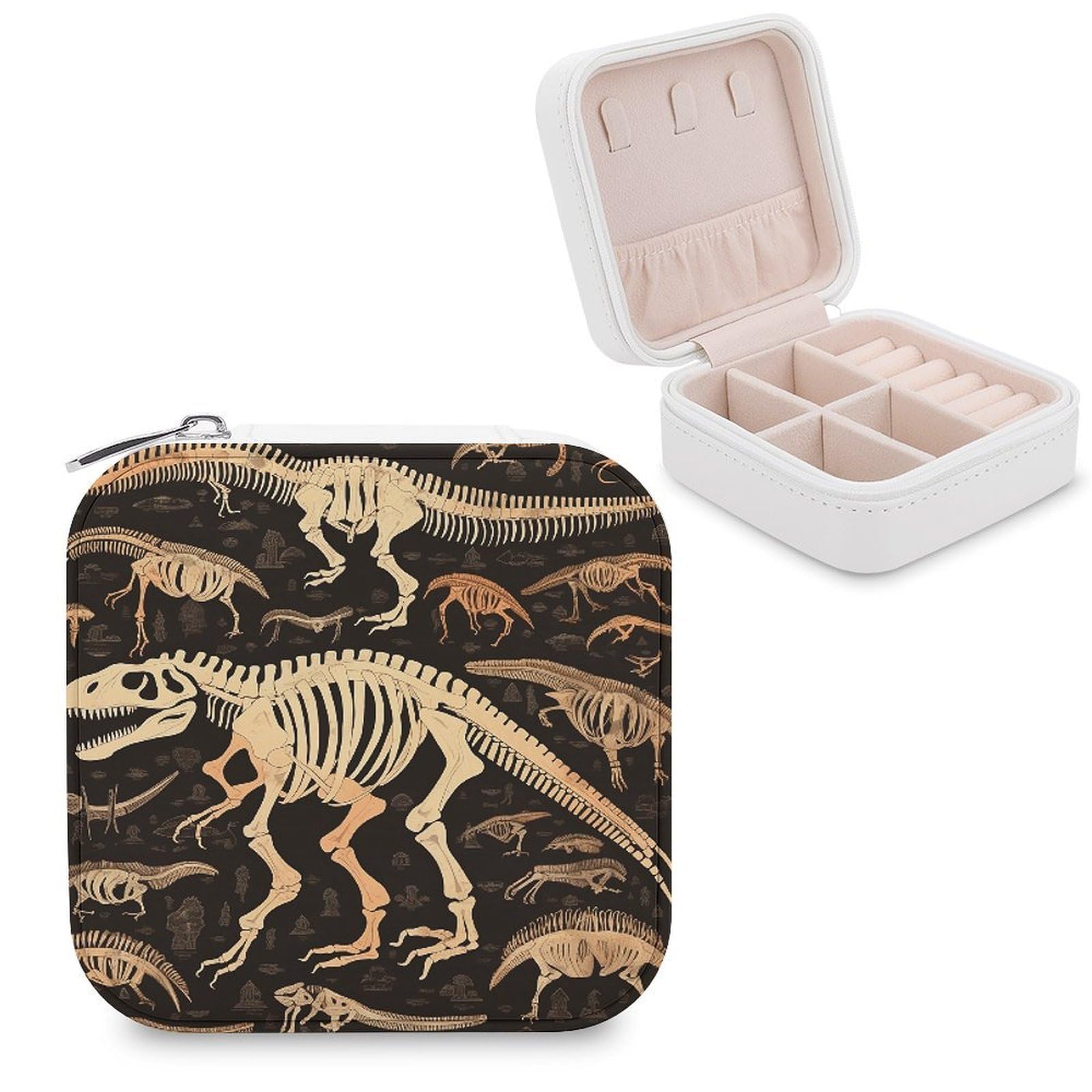 VstaDank Dinosaur Skeleton Print Jewelry Box Exquisite Leather Jewelry Organizer Portable Trinket Organizer Fashion Travel Jewelry Case for Rings Earrings Necklaces Unique Gifts for Women