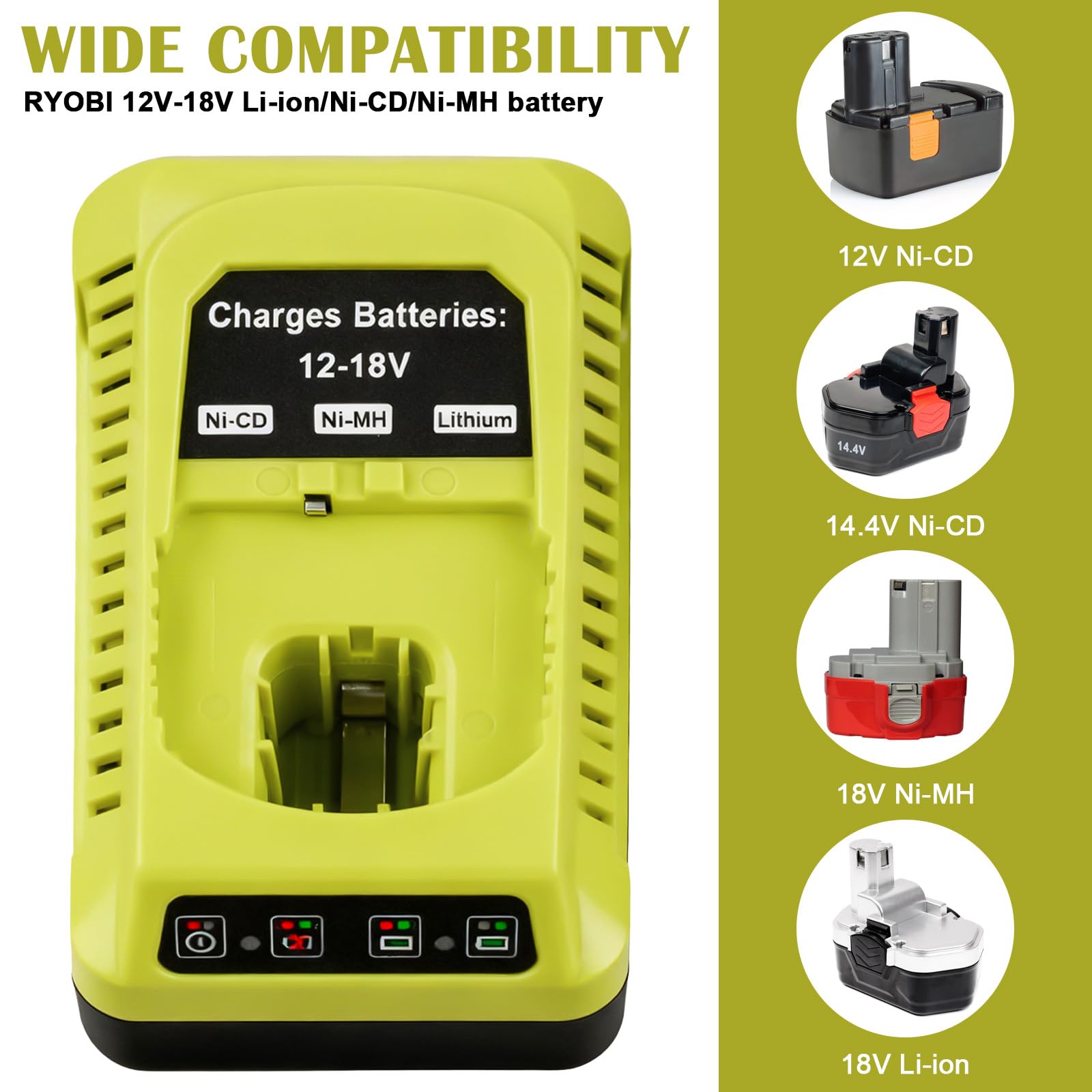 Cargador de 18 V de repuesto para Ryobi: versátil cargador P117, cargador de 12 V ~ 18 V para ryobi, cargador de batería para batería ryobi, cargador de repuesto para RyoBI ONE+ P118 P108 P107 P104