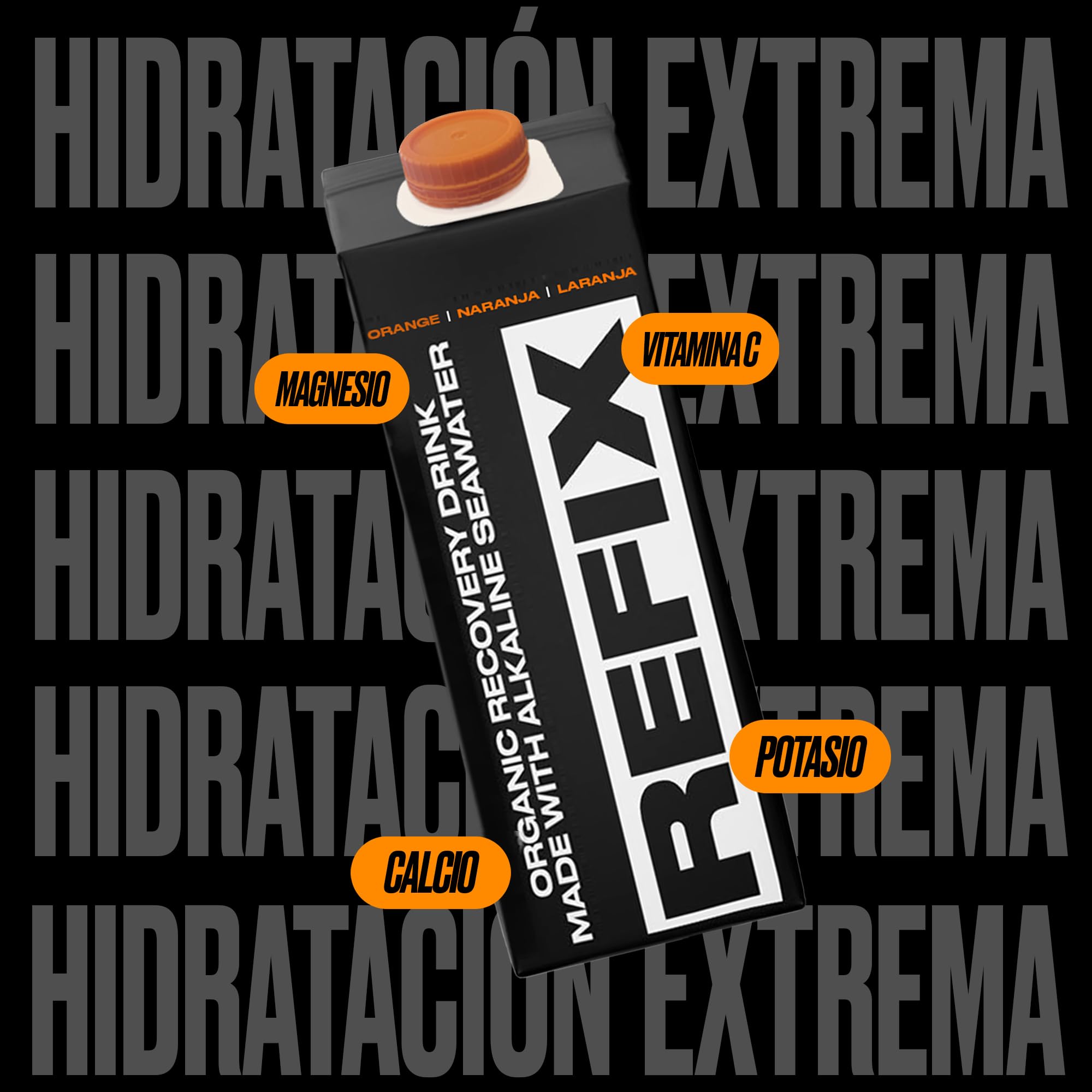 Bebida de Recuperación REFIX – Base Agua del Mar, Baja en Calorías, Orgánica, Sin Azúcar Añadido, Vegana, Electrolitos y Sales Minerales Naturales del Mar - Sabor Naranja - Pack de 24 Tetrapack
