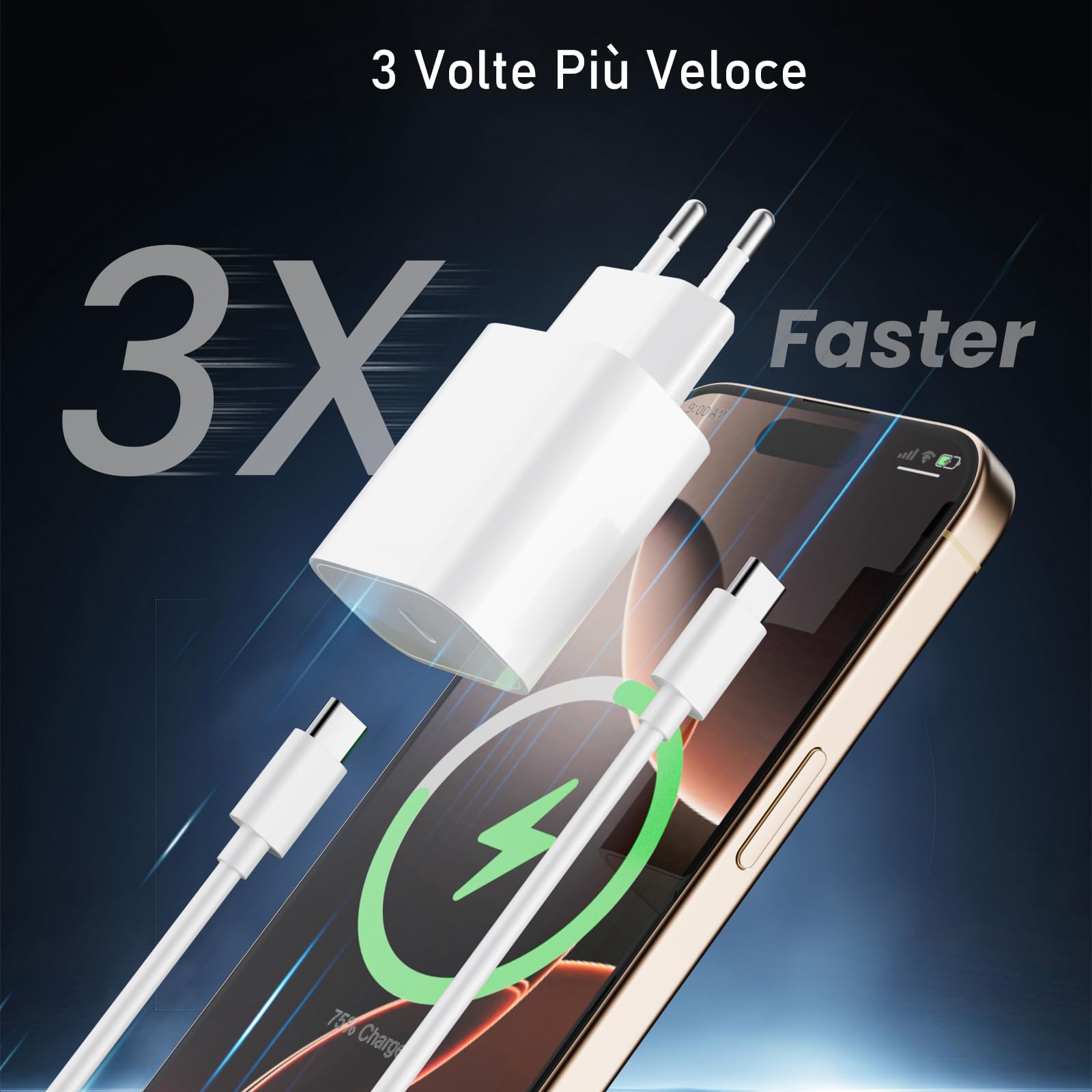 Caricatore per iPhone 16 15/16 15 Pro/16 15 Pro Max/16 15 Plus/iPad 10 Generazione, 2 Pezzi Caricabatterie Alimentatore Presa Spina Rapido USB C 25W con Cavo 2M