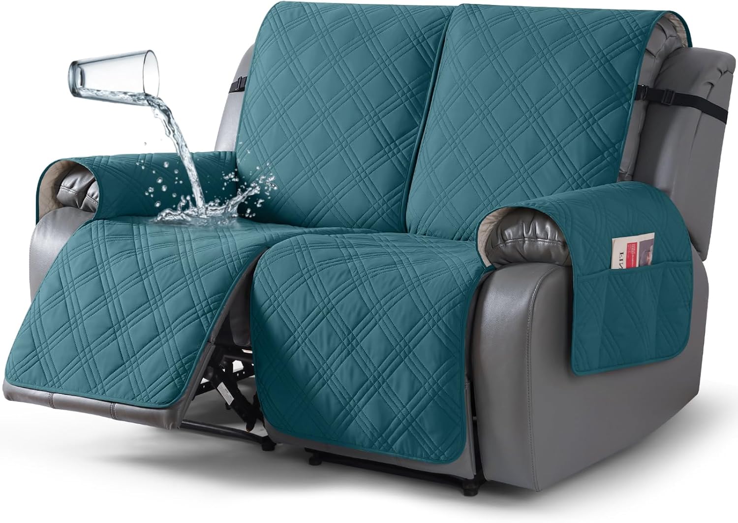 TAOCOCO 100% Waterproof Loveseat Recliner Covers 2 Seater, Split Loveseat Covers for Reclining loveseat, Non Slip Reclining Couch Cover with Double Straps for Kids, Pets(2 Seater, Peacock Blue)