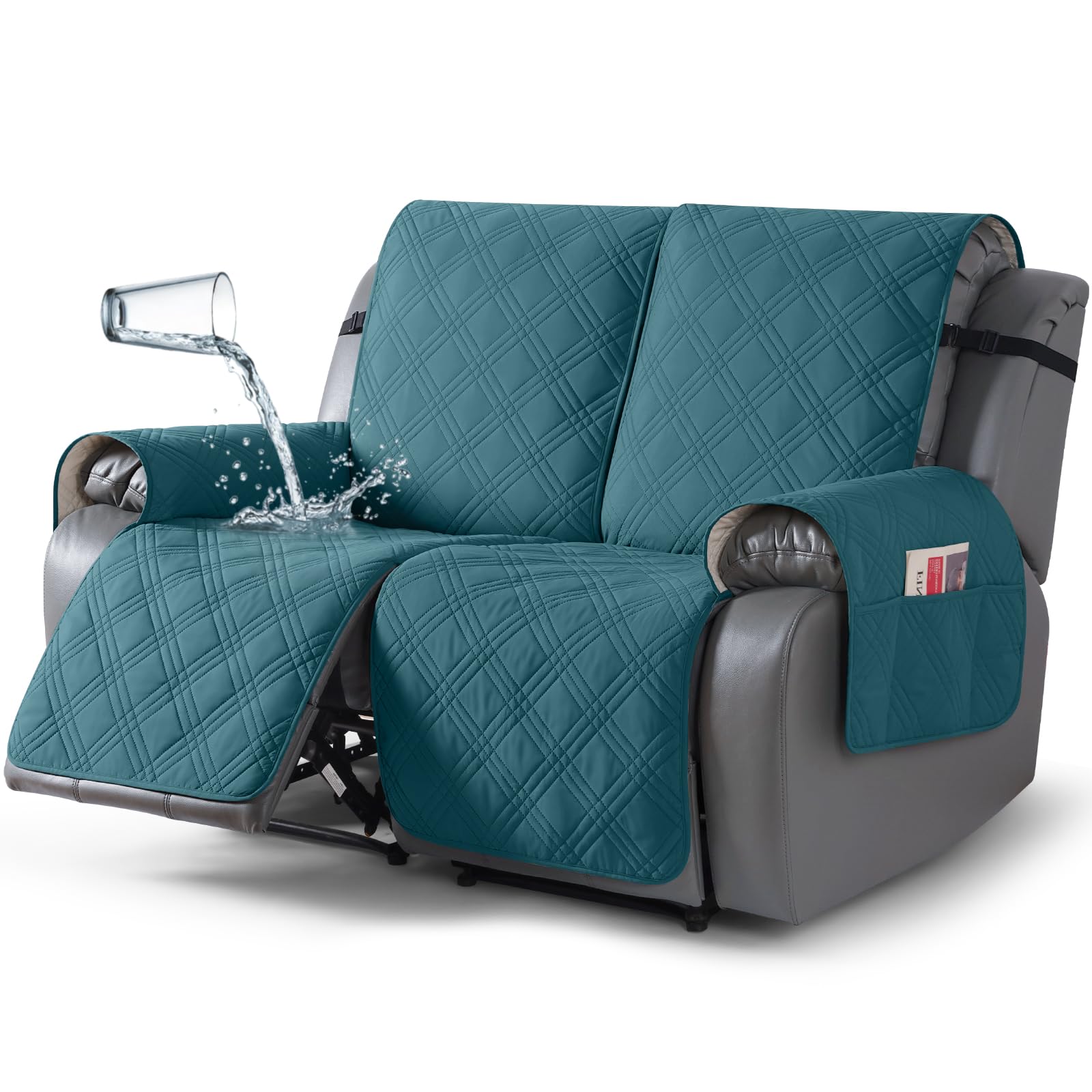 TAOCOCO 100% Waterproof Loveseat Recliner Covers 2 Seater, Split Loveseat Covers for Reclining loveseat, Non Slip Reclining Couch Cover with Double Straps for Kids, Pets(2 Seater, Peacock Blue)