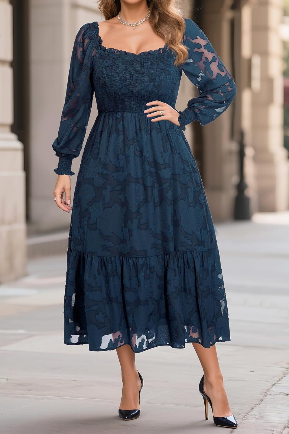 Women's Plus Size Fall Dress - Wedding Guest Long Sleeve Floral Lace Aline Flowy Midi Dress - Image 2