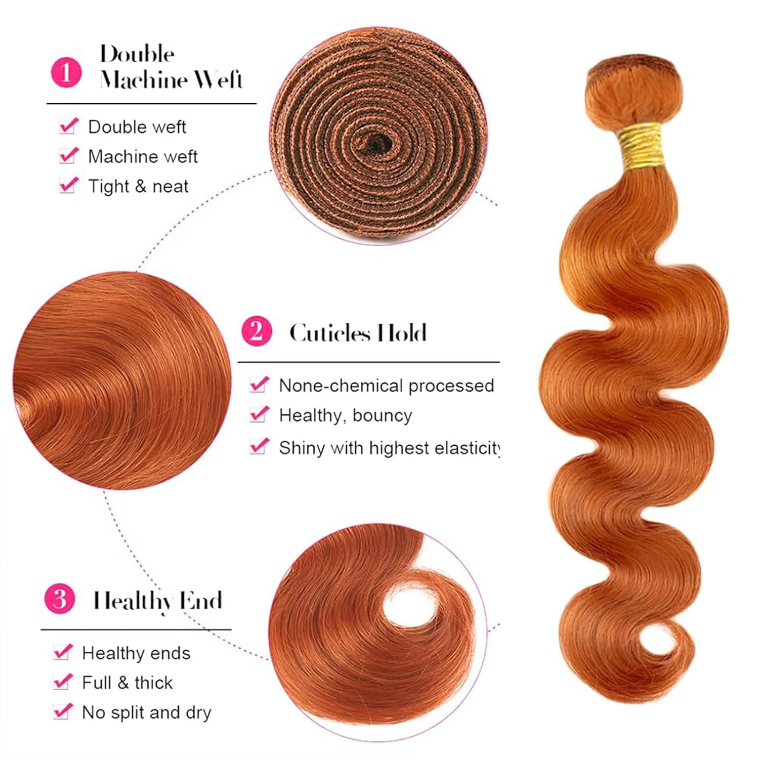 Ginger Bundles Human Hair Orange Body Wave Bundles 18 20 22 Inch Unprocessed Brazilian Virgin Human Hair 3 Bundle Color #350 Bundle Hair Extensiosn 300g Soft and Silky for Women