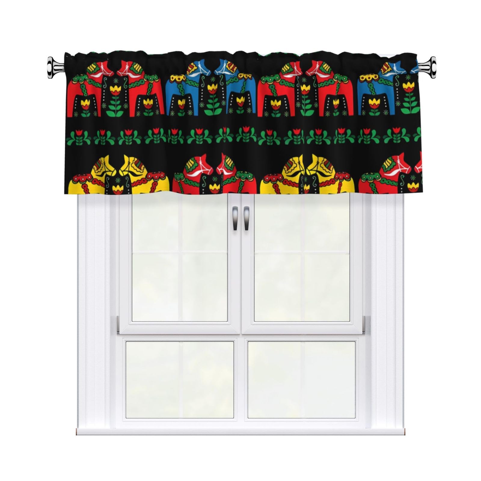 HJFCZH Runner Swedish Dala Horse Folk Prints Curtain Valance 54x18in - Peach Skin Kitchen Window Layer, Filtered Light & Quick-Install Rod Pocket Cover