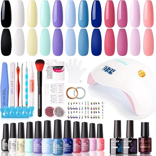 Gellen Gel Nail Polish Starter Kit with U V Light - 12 Colors Solid Black White Pink Blue Gel Polish with 72W Nail Lamp, Top Base Coat Nail Tools Gel Nail Polish Kit, Nail Gel All-In-One Manicure Set