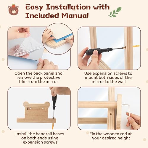 Miniatura 7 de Espejo Montessori con barra Espejo de barra de dominadas de bebé con marco de madera natural, altura ajustable, espejo de pared seguro para estar