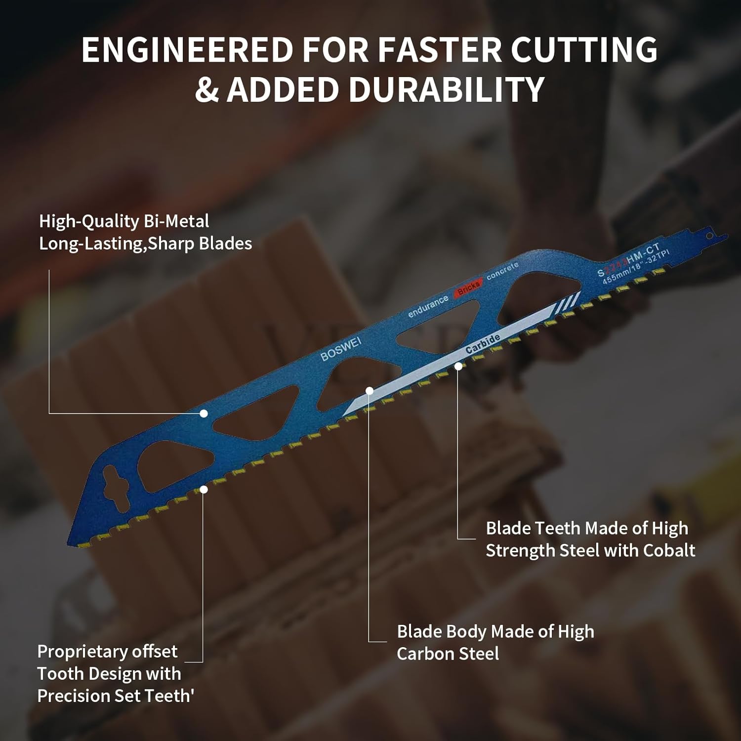 18 Inch Reciprocating Saw Blade, 32 TPI Teeth Tipped Cutting Recip Saw Blades, Demolition Masonry Hard Alloy Saw Blades with High Strength for Cutting Wood,Hollow Cement Brick,Porous(3PCS)