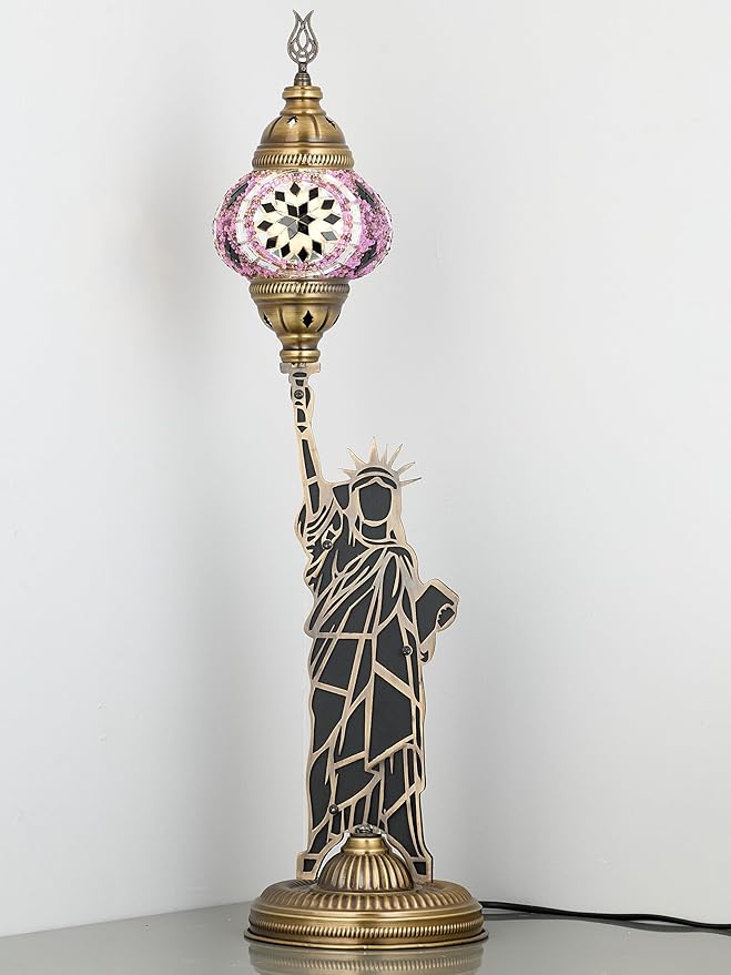 DEMMEX DEMMEX Turkish Lamp, 27" Tall Statue of Liberty Mosaic Table Lamp, Handmade Moroccan Bedside Lamp, Tiffany-Style Colorful Glass & Metal, Unique Decor for Bedroom or Living Room, Brass-Lilac photo 2