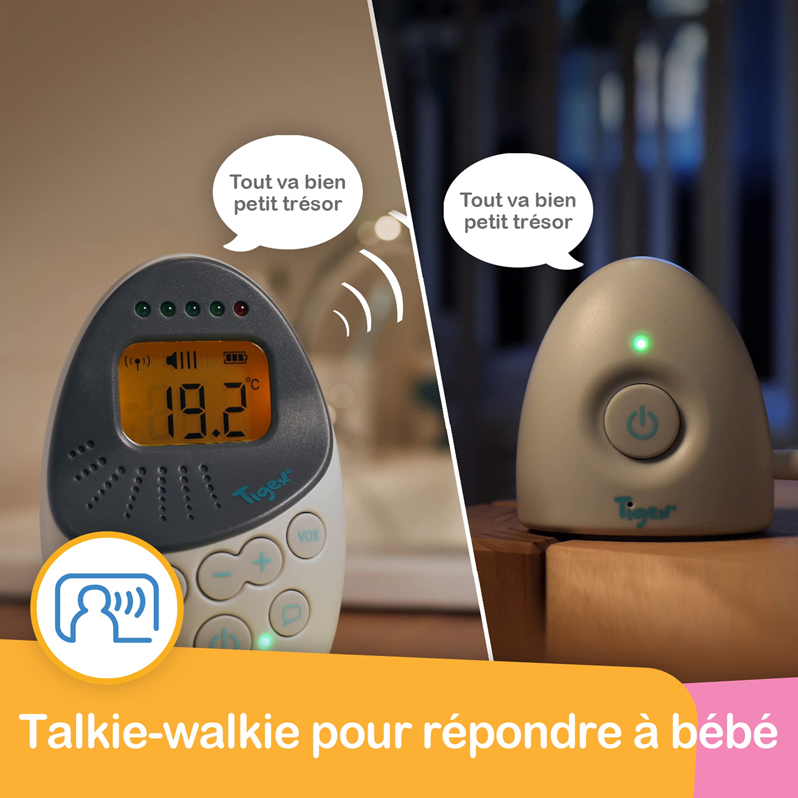Tigex Babyphone Easy Protect Plus, Écoute-bébé Rechargeable avec mode Eco, Talkie-Walkie, Berceuse et Veilleuse