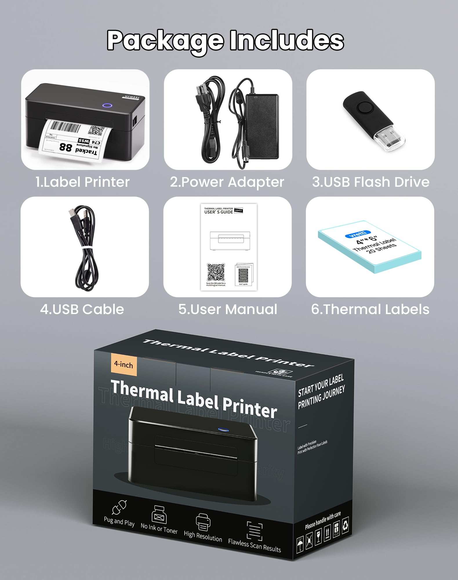 vretti DB402 Etikettendrucker, DHL Thermodrucker 4x6 Ettikettendrucķer, Thermodrucker Labeldrucker für Amazon, Shopify, Etsy, DHL, UPS, unterstützt Windows/Mac/Chrome