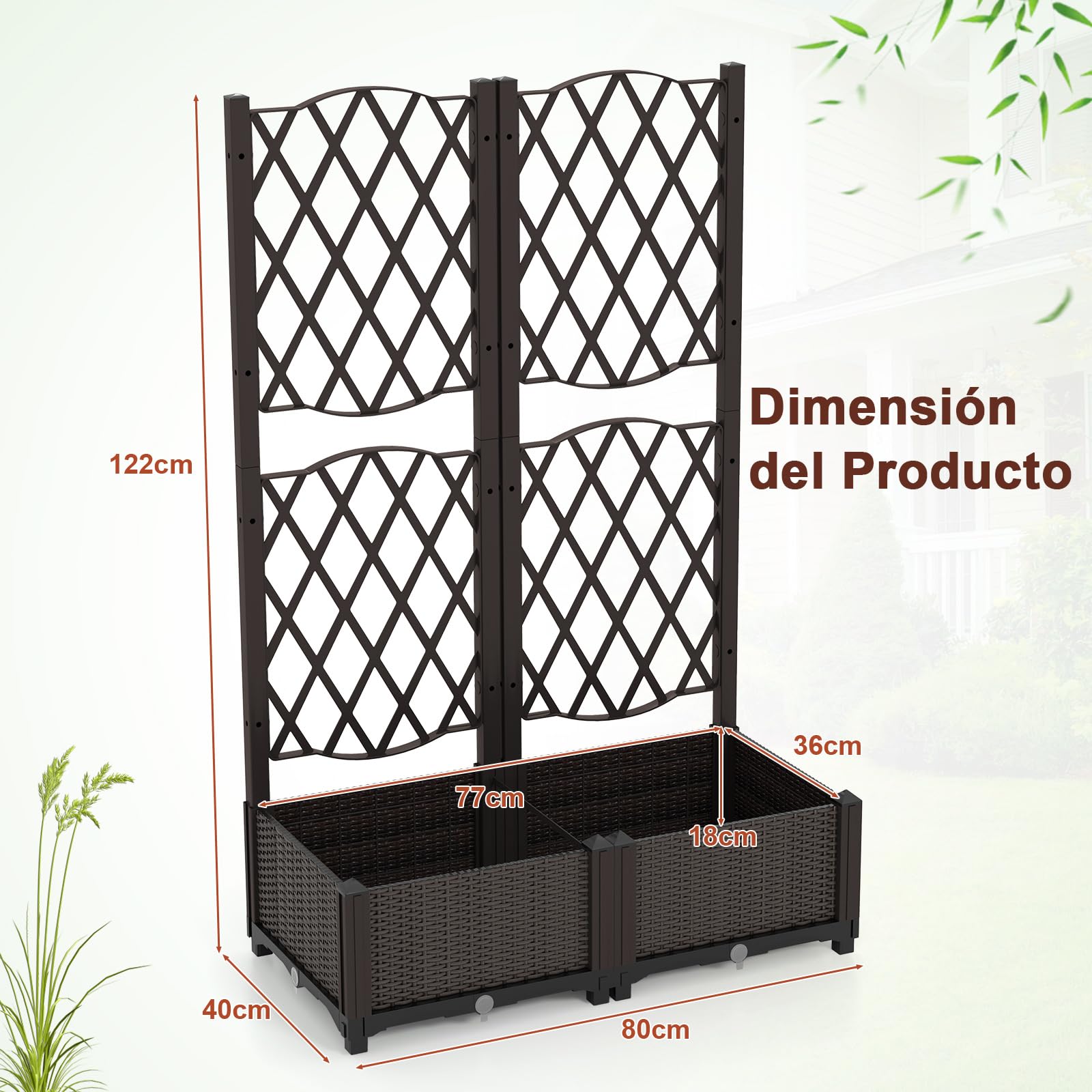 COSTWAY Maceta Elevada con Enrejado, Maceta para vides Verdura Hierbas Aromáticas, Maceta Elevada de Exterior con Auto Irrigación y Hoyos de Drenaje, para Jardín Patio Balcón (80 x 40 x 122 cm)