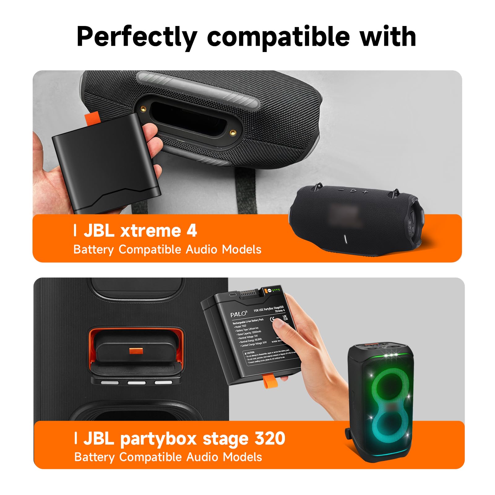 12000mAh Akku 400 für JBL Partybox Stage 320, JBL Xtreme 4-7,4V/Lithium Hochkapazitäts Batterie mit LED, Typ-C-Eingang