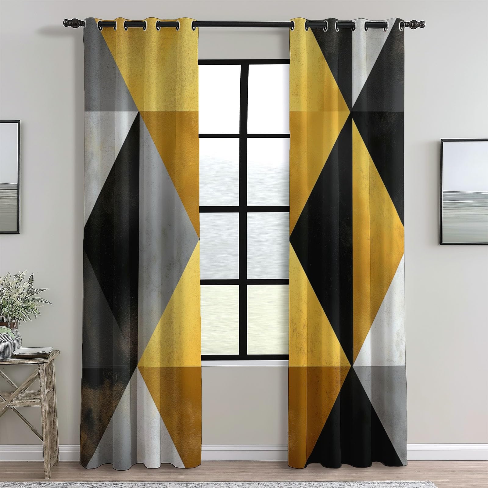 Lot de 2 Rideaux Occultants Thermiques Isolants Anti-Froid à Œillets - Motif en Gris Triangles Jaunes 110L x 215H cm, Abstrait Rideaux Noir Thermiques pour Chambre et Salon