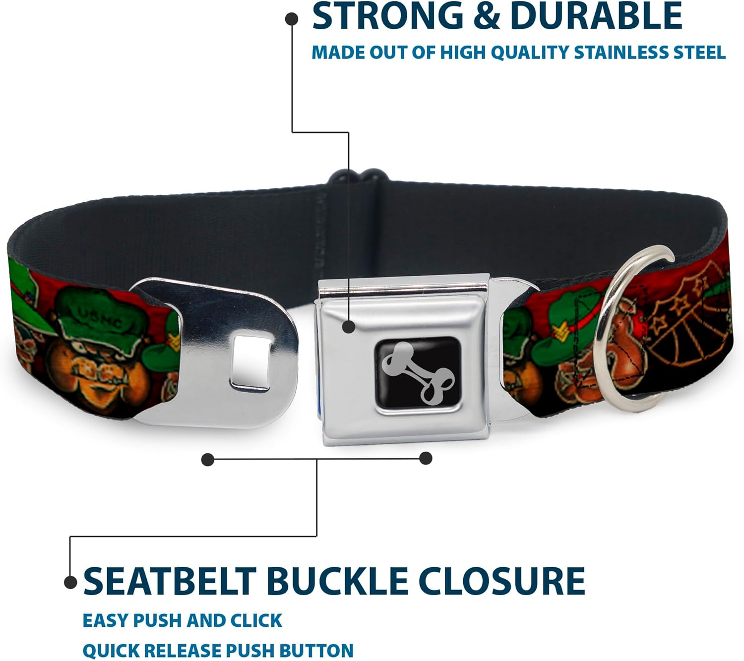 Dog Collar Seatbelt Buckle Tattoo Johnny Bulldog 15 to 26 Inches 1.0 Inch Wide