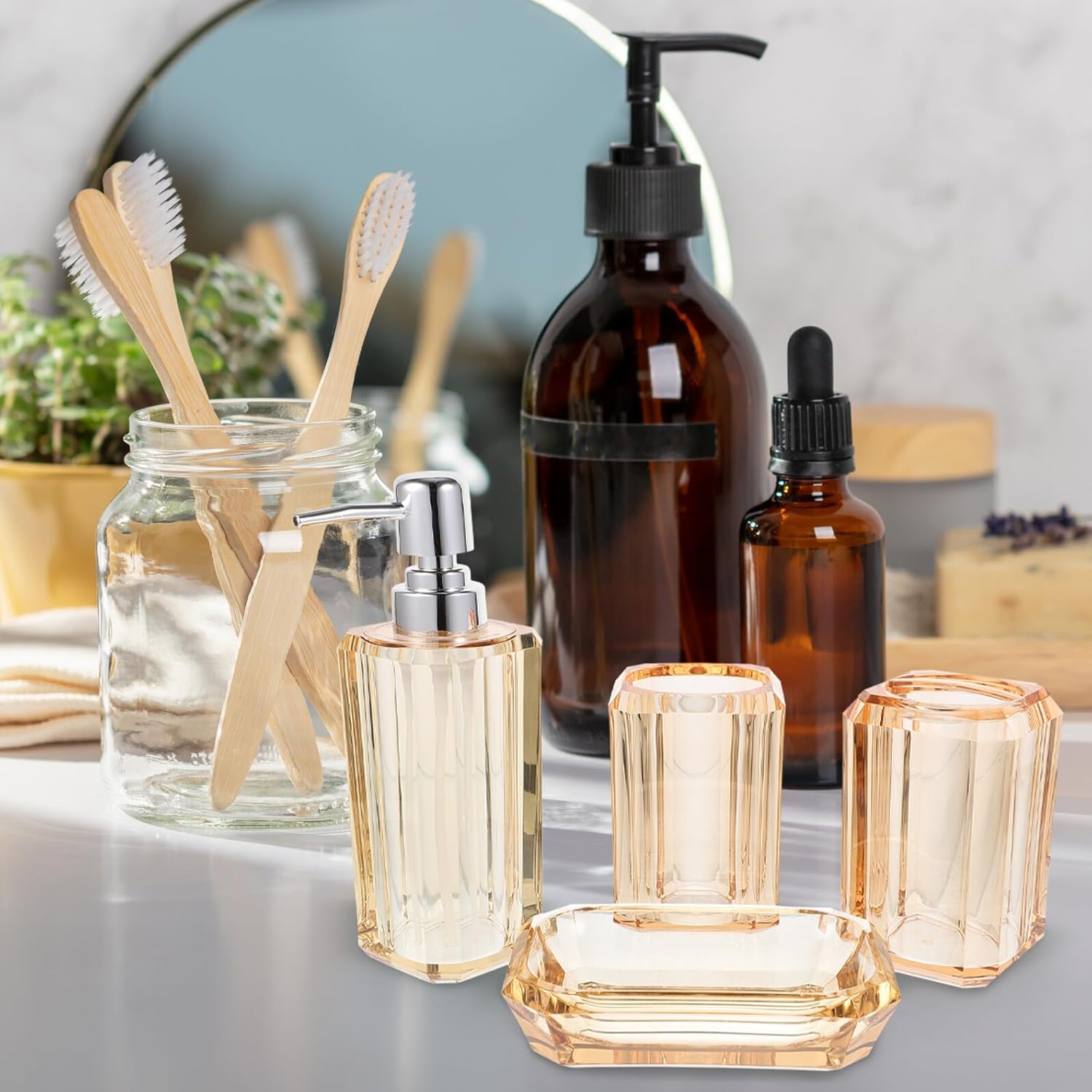 SAFIGLE Transparent Acrylic Bathroom Accessories Set with Lotion Soap Dispenser Pump Toothbrush Holder Soap Dish Gold Countertop Organizer for Residential and Hospitality Vanity