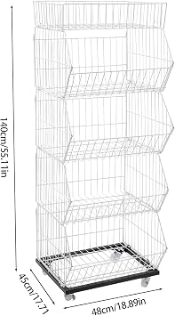 Candy Display Organizer,5 Tier Retail Display Rack Stand, Snack Rack, Basket Stand Cart for Store Kitchen,Freestanding Supermarket Retail Display Shelf with 4 Pulleys (2 with Brakes) (White)
