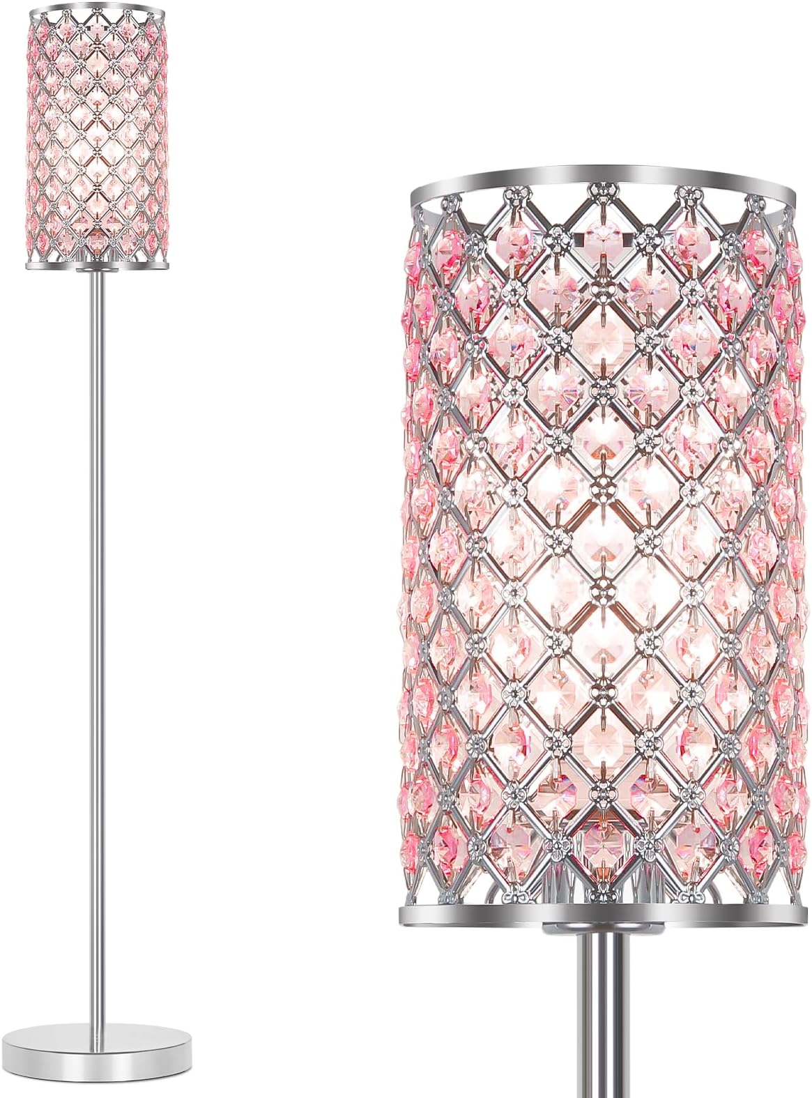 Crystal Floor Lamp for Bedroom, Silver Floor Lamp with Pink Shade, Girls Lamp with On/Off Foot Switch, Elegant Standing Light Tall Pole Lamp for Living Room, Dresser, Office (E26 Base)