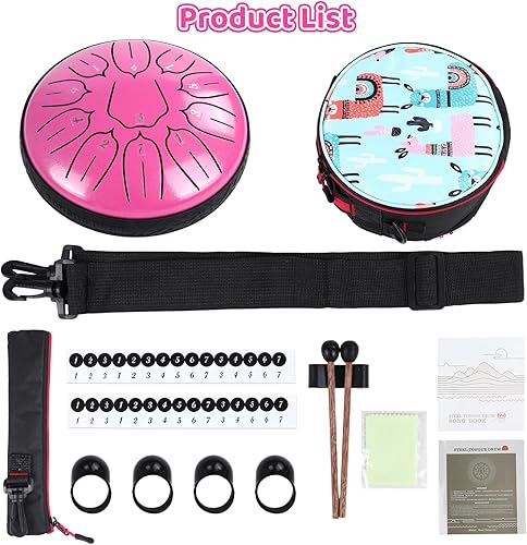 Vista 14 de Tambor de lengua de acero, 11 notas, tambor de mano de 6 pulgadas, instrumentos de percusión con bolsa de mazos para meditación, educación musical