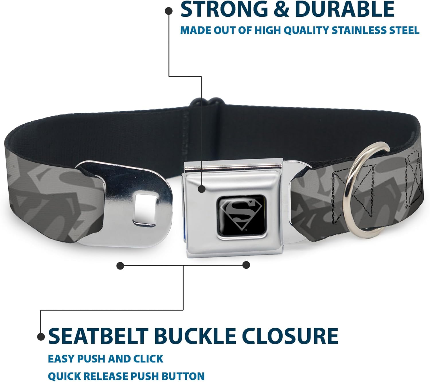 Dog Collar Seatbelt Buckle Superman Shield Camouflage Grays 18 to 32 Inches 1.5 Inch Wide