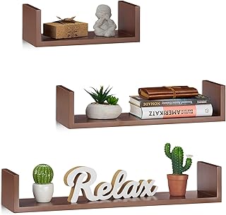 Relaxdays 10021808_93 Set 3 Mensole da Parete a Forma di U, Rettangolari, Profondità 15 cm, per Libri, DVD e Decorazioni, Marrone