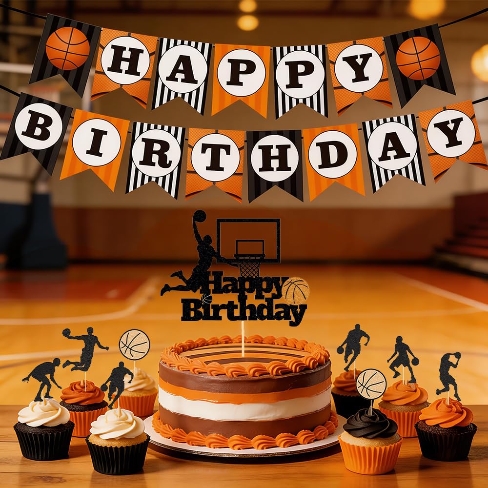 Basketball Cake Topper Set - 26PCS Sports Theme Party Decorations with Birthday Banner & Cake Toppers for Basketball Lovers, Non-Edible Cake Decorations for Birthday Party Supplies