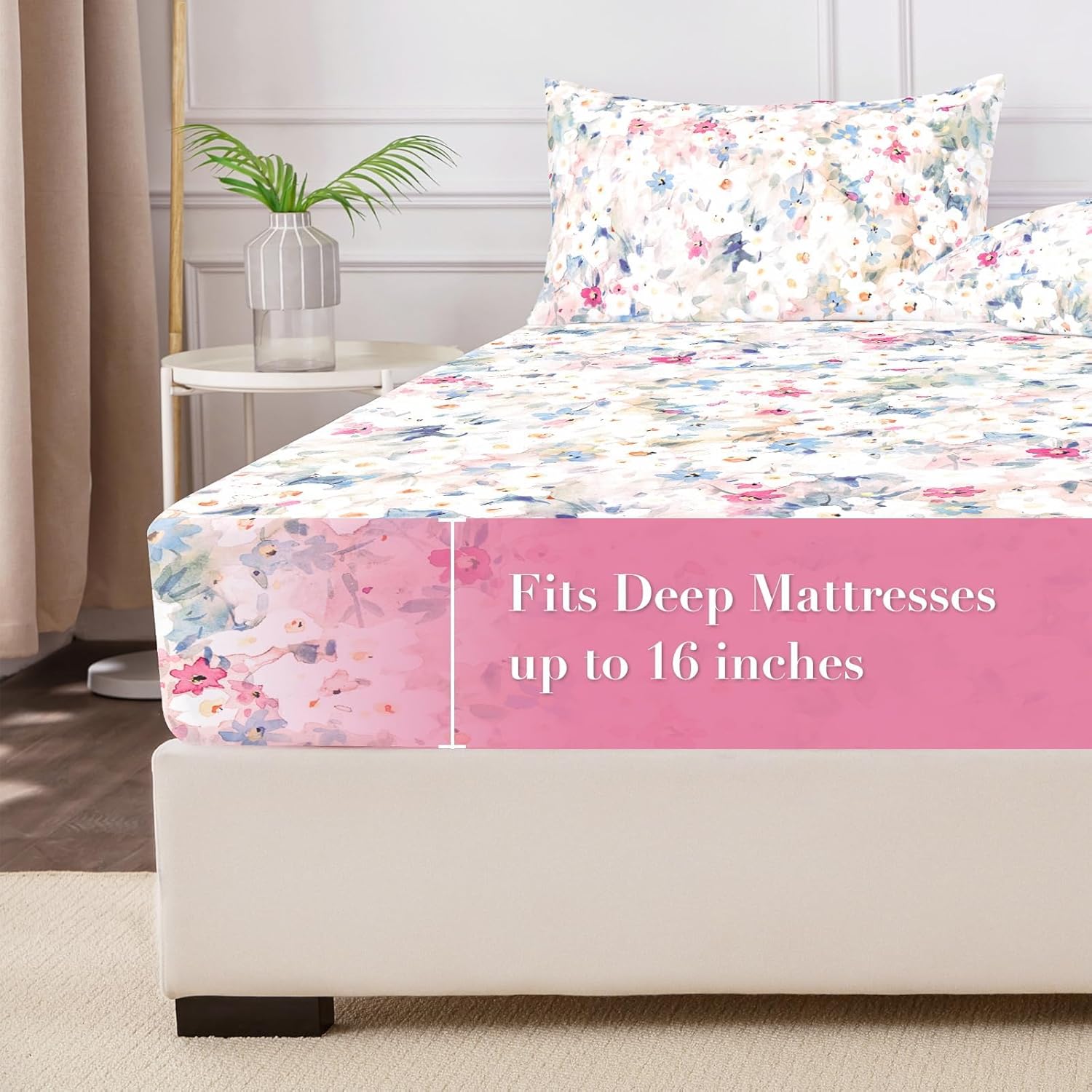 Floral Fitted Sheet with Pillow Cases, 100% Brushed Microfibre Deep Pocket Fitted Bottom Sheet, Ultra Soft, Shrinkage and Fade Resistant, Queen Size