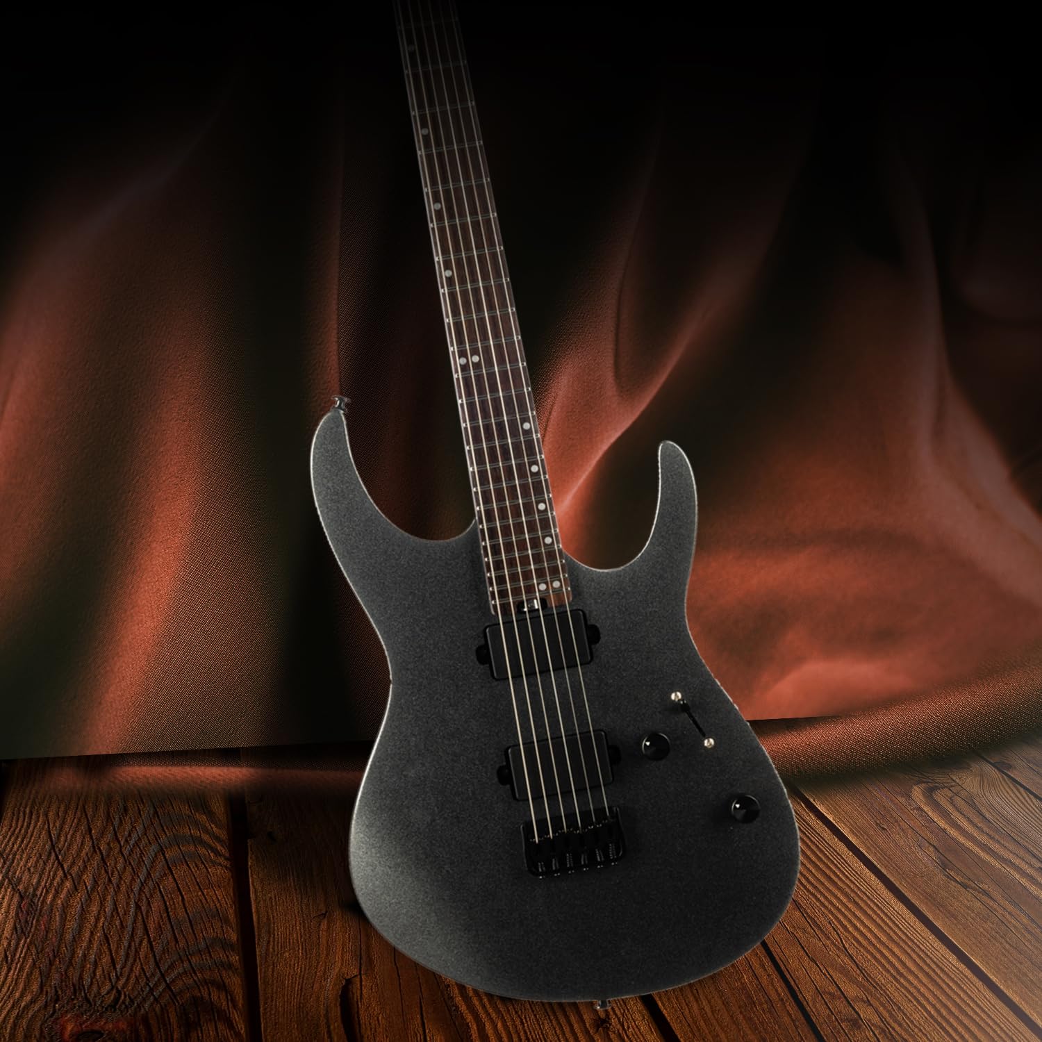 EART GW2P-SE Guitare électrique Sans Tête - Corps Acajou Grillé, Manche érable Canada, Frettes Jumbo Acier Inox, Finition Satin Noir/rafale Rouge