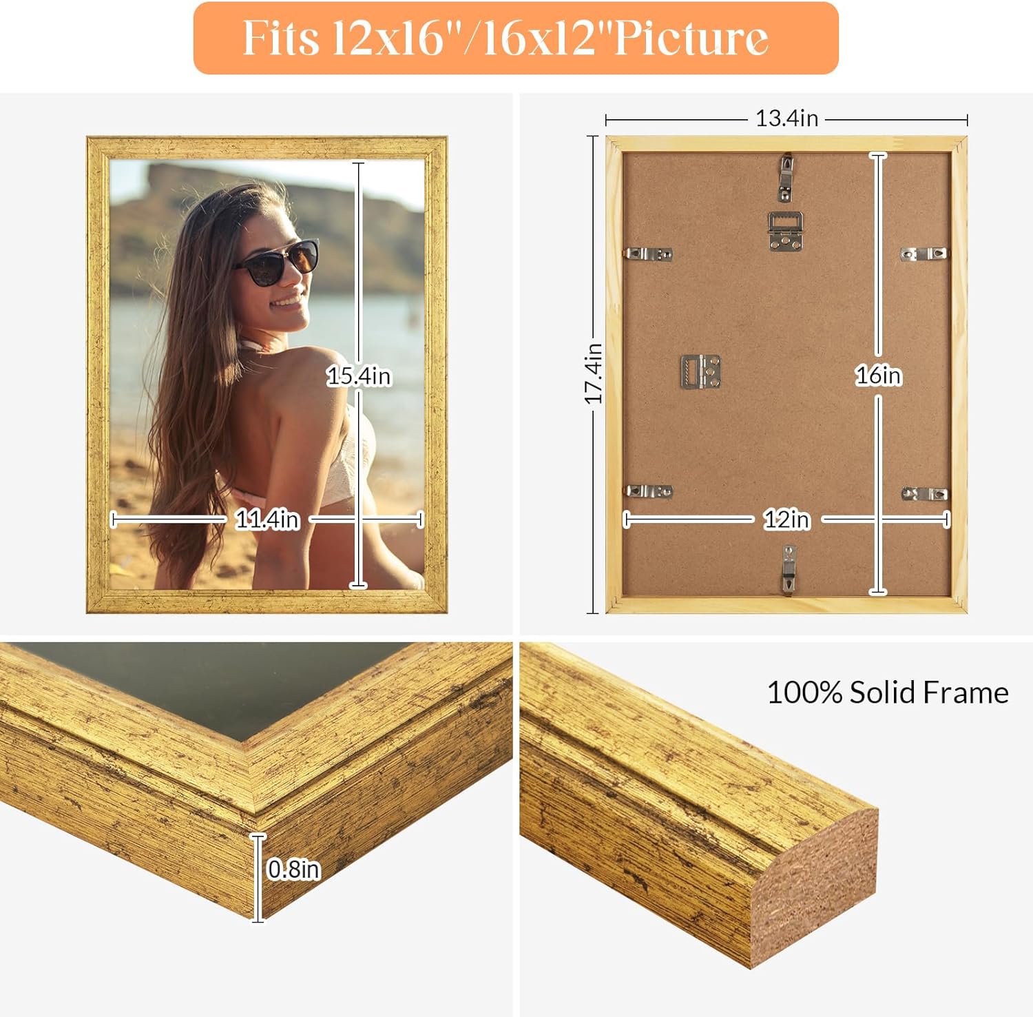 12x16 Wood Picture Frame Gold, Ornate Natural 16x12in Frame, Modern Golden 12 x 16 inch Gallery Wall Photo Poster Frame with HD Plexiglass, Horizontal Vertical Wall Mounting Display 1pcs