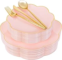 Vista 10 de LIYH 150 Pcs Clear Plastic Plates Plastic Dinnerware Set Gold Silverware Set Gold Flower Edge Easter Plates Include 30 (Dinner & Dessert) Plates,30