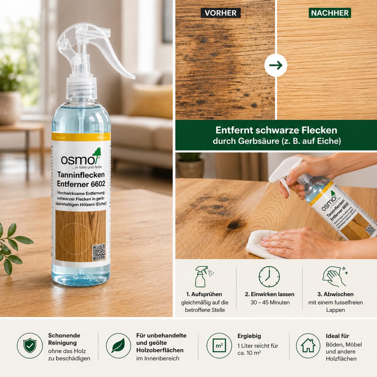 Osmo Tanninflecken-Entferner 6602, Reinigung für schwarze Flecken auf Eichenholz, für Fußböden und Möbel, 0,25 l