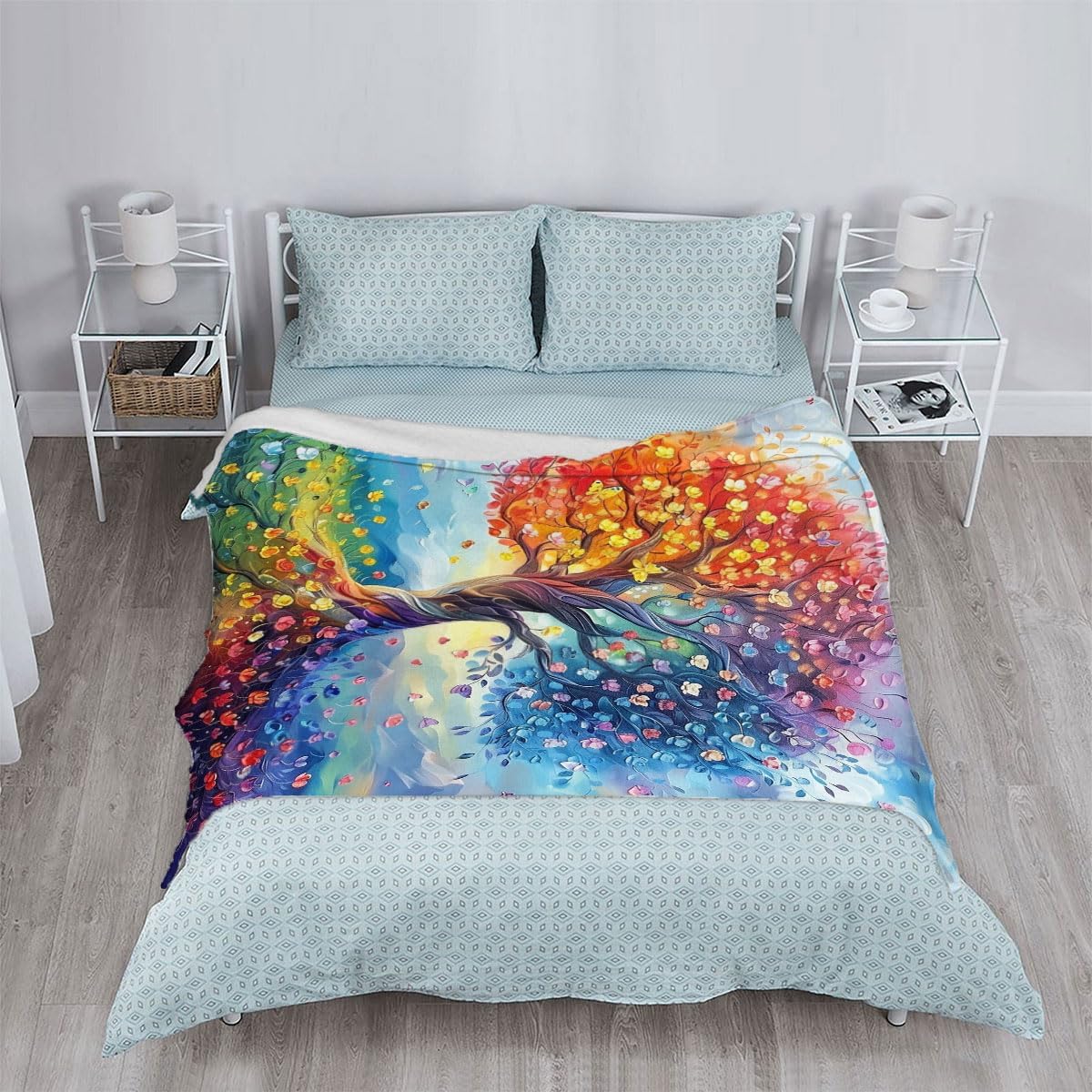 Colorful Tree Blanket, Tree of Life Spring Flower Butterfly,Soft Plush Blankets, Lightweight & Comfortable Fleece Throw, Cozy Gift Blanket for Family & Friends, Bed, Couch & Travel, 60" x 80"