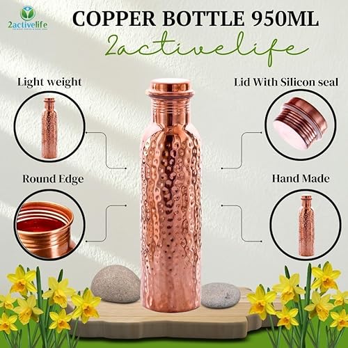 Miniatura 8 de Cubo náutico (32 onzas32.1 fl oz) - Frasco ayurvédico de cobre - Botella de agua para beber más - Grande - a prueba de fugas (botella martillada)
