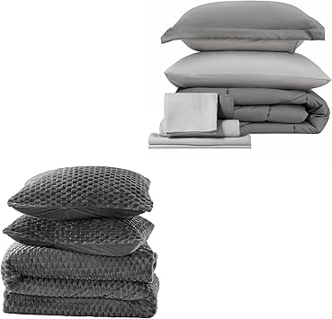 BEDELITE Fluffy Queen Comforter Set Grey 1 Comforter, 2 Pillowcases & Grey 7 Pieces Bed in A Bag Queen