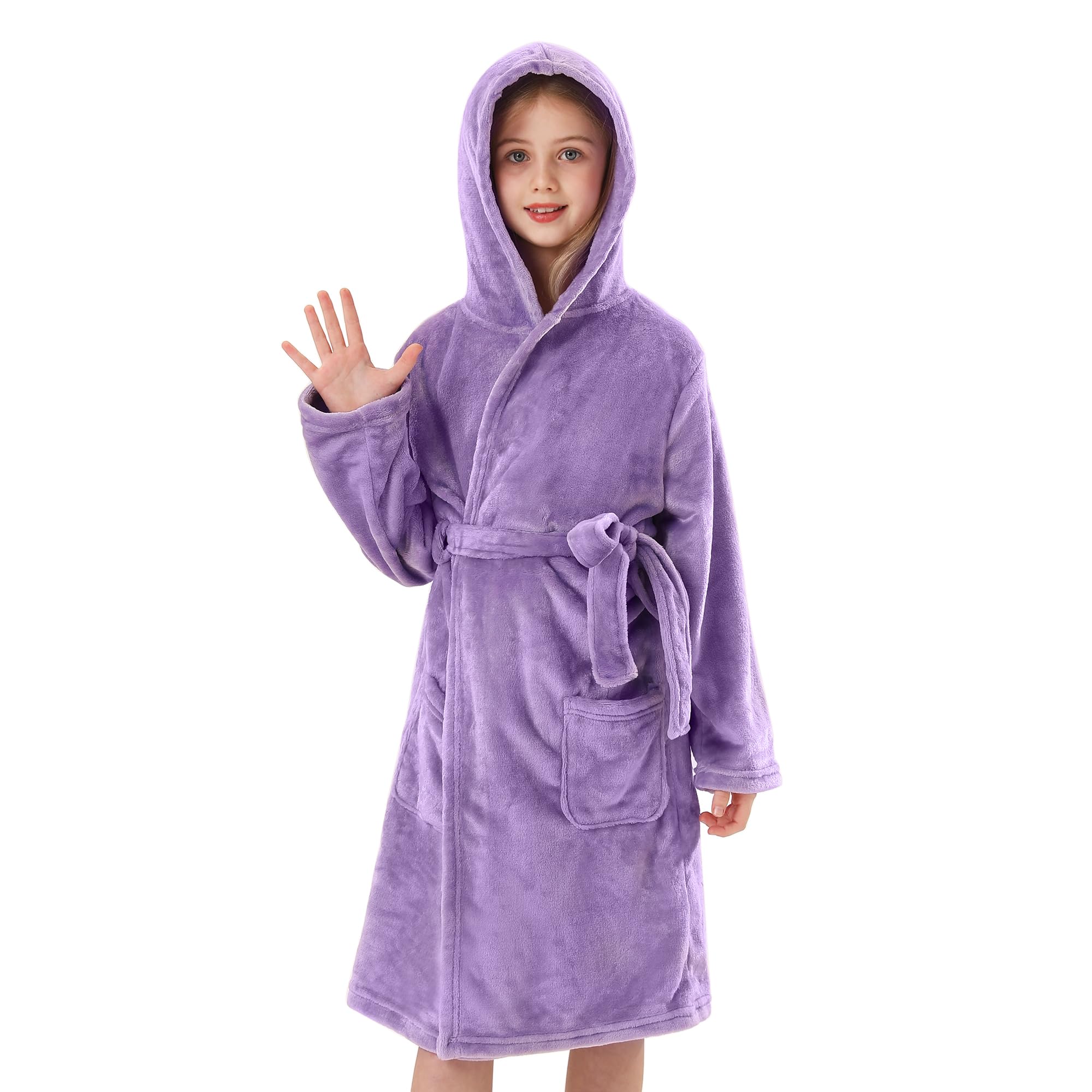 V.&GRIN Girls Fleece Robes, Hooded Plush Soft Fuzzy Warm Fluffy Bathrobe for Kids 3-14 Years