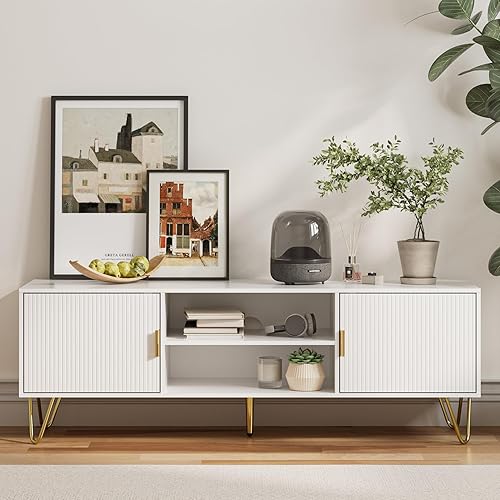 Miniatura 5 de Soporte de TV para TV de 55 a 65 pulgadas, centro de entretenimiento con puerta de bisagra suave, mesa consola de TV con 2 gabinetes con manija